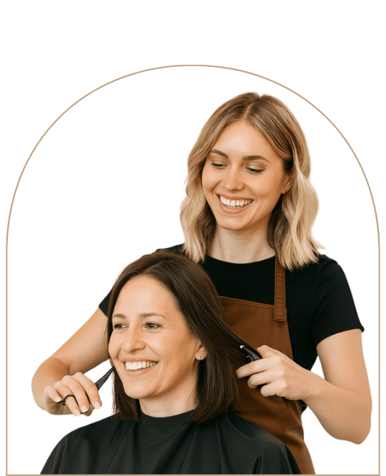 Hair dresser Cutting Client Hair in a mirror frame