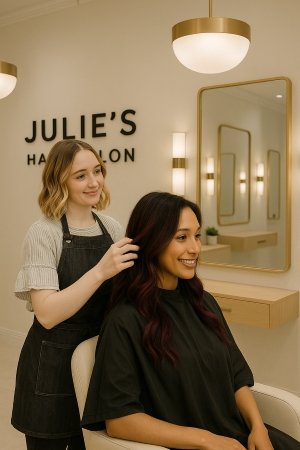 Hair Stylist working with red hair client